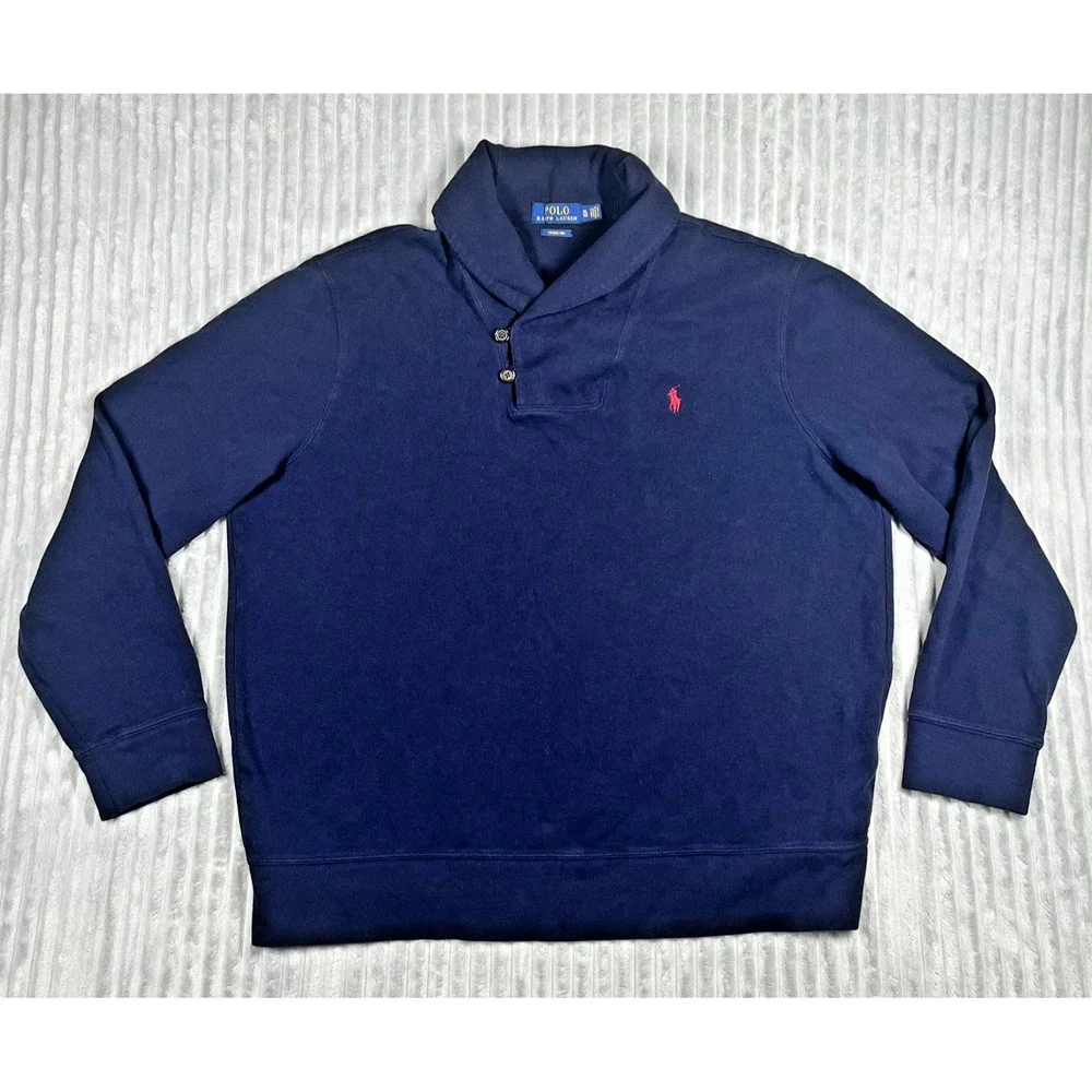 Polo Ralph Lauren Estate Rib Shawl Neck Pullover Sweater Men's XL Navy Preppy‎
